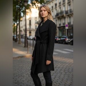 Guess Black Studded Sleeves Belted Women's Wool Coat